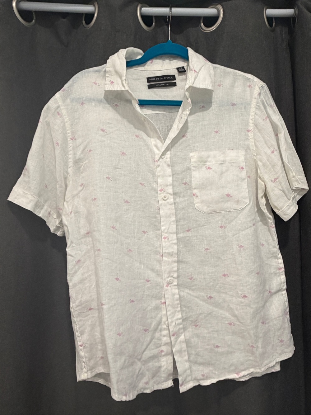 Saks Fifth Avenue 100% linen short-sleeve shirt features flamingo pattern